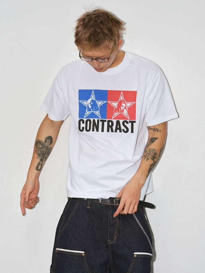 NOVACAM Double Star Girl Graphic Print Short Sleeve Tee | Face 3 Face