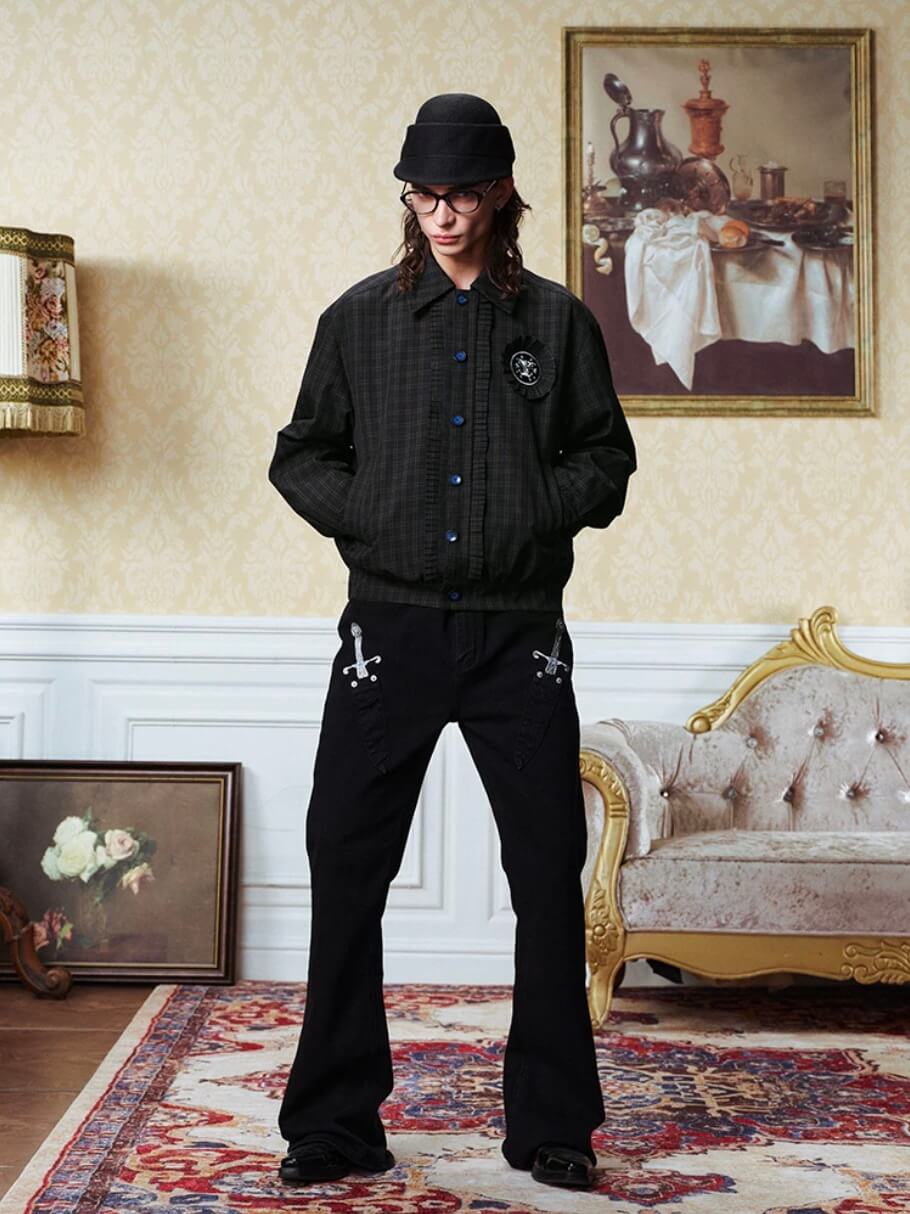 YADcrew Ruffle Front Placket Plaid Jacket | Face 3 Face