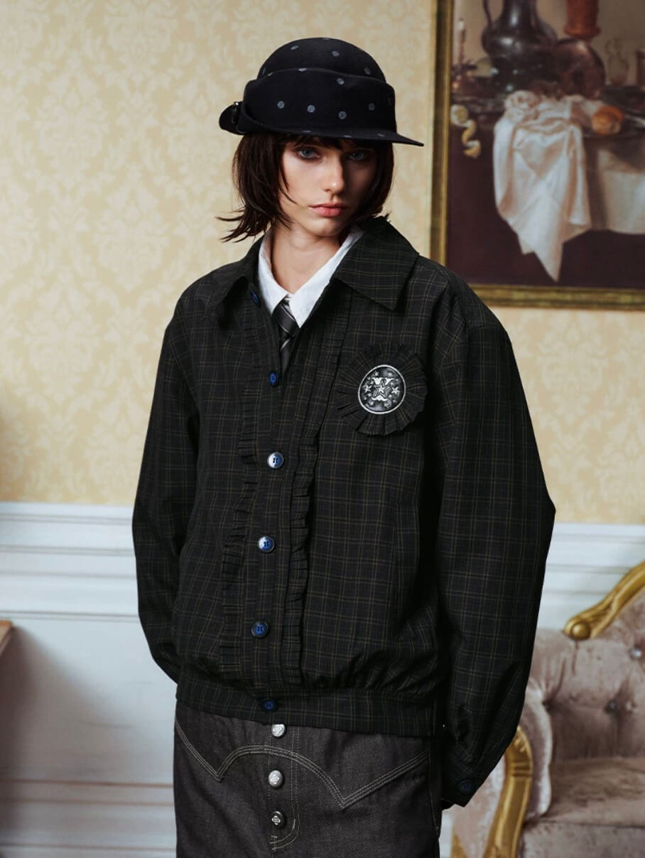 YADcrew Ruffle Front Placket Plaid Jacket | Face 3 Face