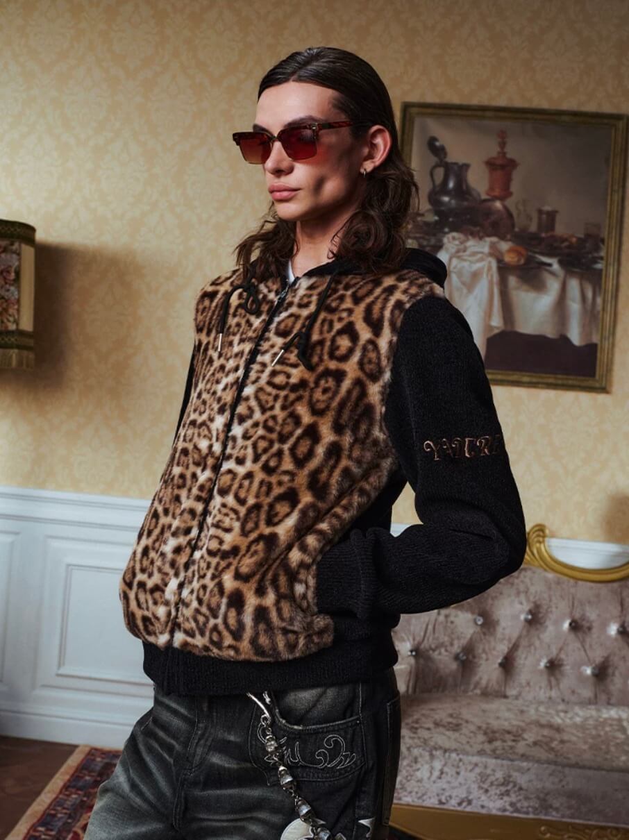 YADcrew Leopard Print Color Block Hooded Jacket | Face 3 Face