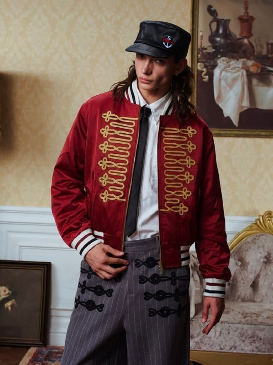 YADcrew Napoleon Braid Embroidered Shiny Bomber Jacket | Face 3 Face