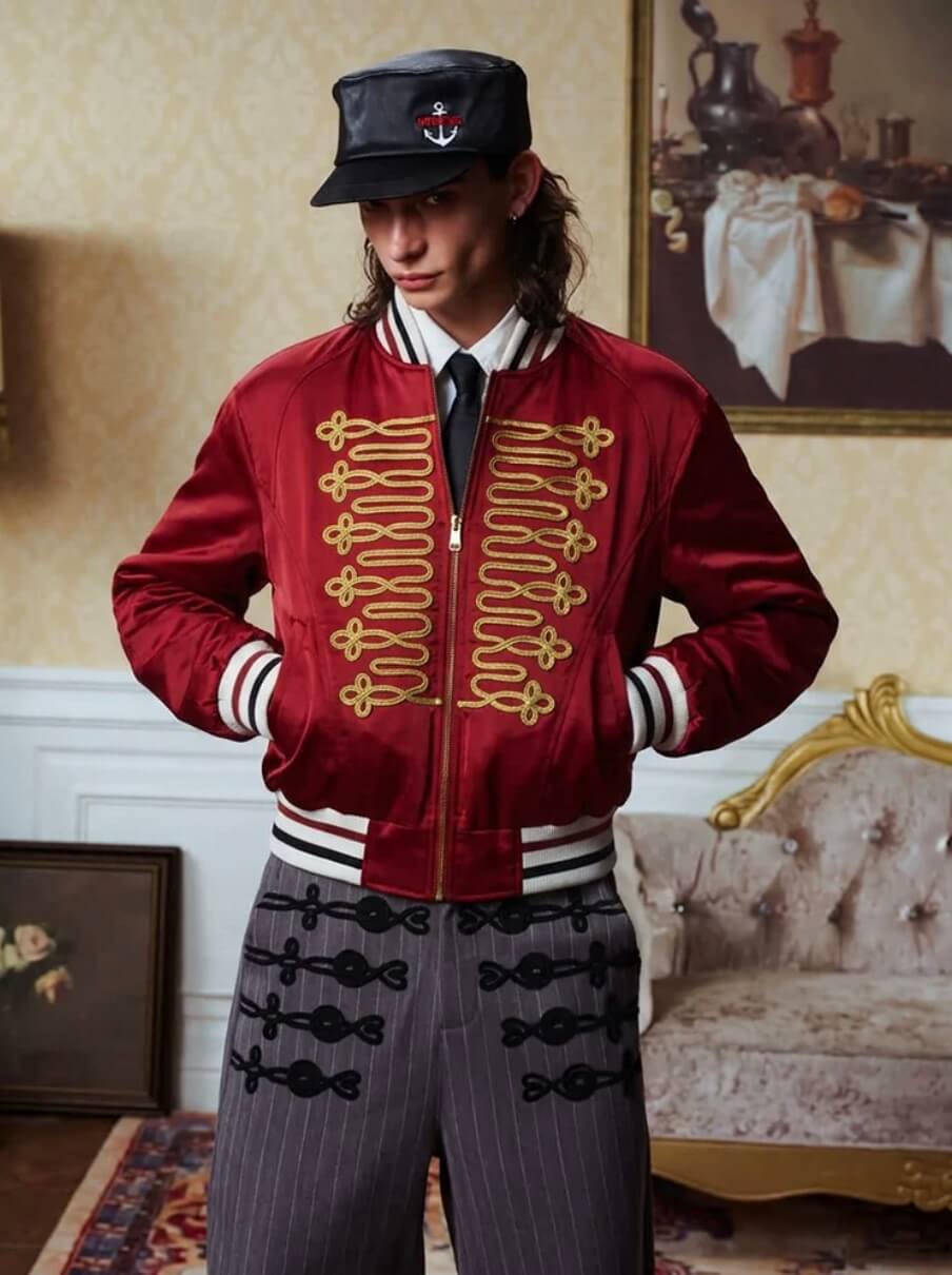 YADcrew Napoleon Braid Embroidered Shiny Bomber Jacket | Face 3 Face