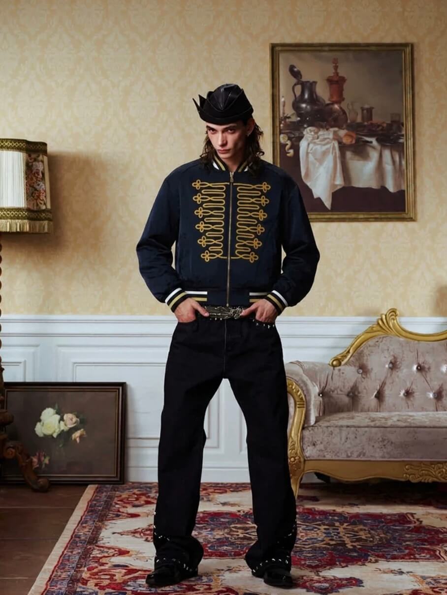 YADcrew Napoleon Braid Embroidered Shiny Bomber Jacket | Face 3 Face