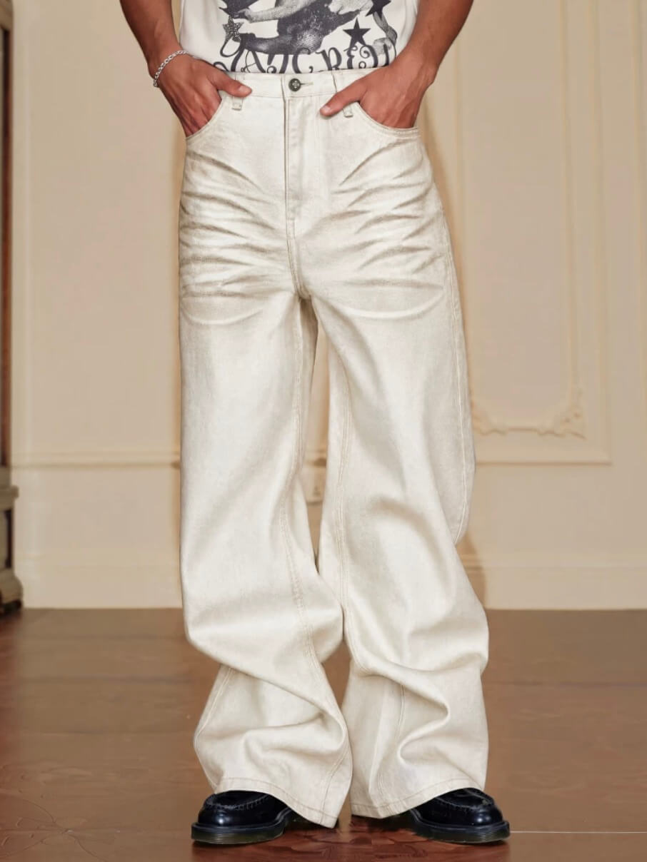 YADcrew White 3D Whisker Washed Jeans | Face 3 Face