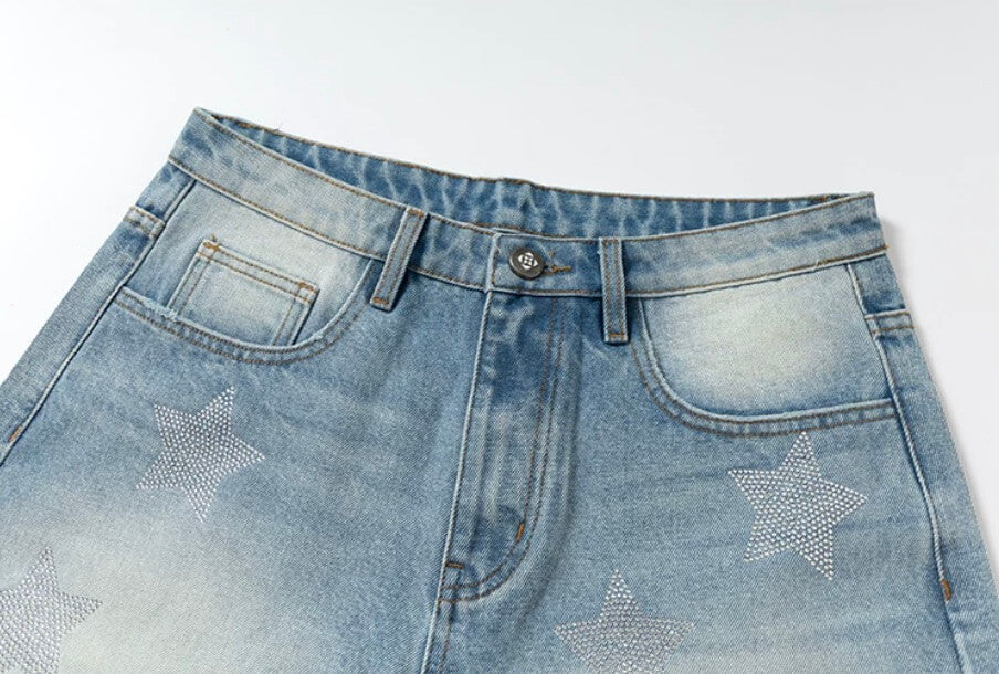YADcrew All Over Star Rhinestone Washed Denim Shorts | Face 3 Face