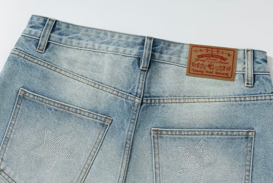 YADcrew All Over Star Rhinestone Washed Denim Shorts | Face 3 Face
