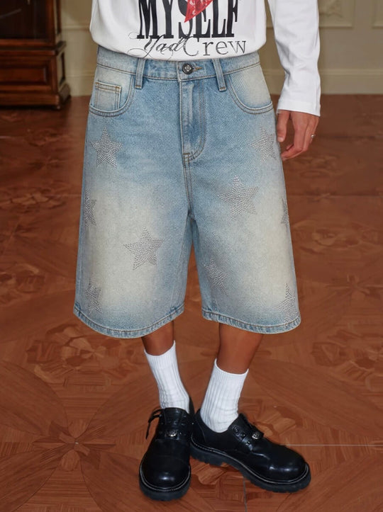 YADcrew All Over Star Rhinestone Washed Denim Shorts | Face 3 Face