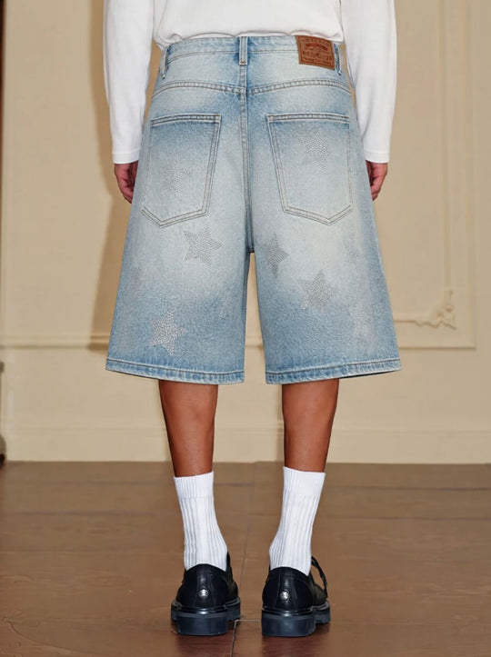 YADcrew All Over Star Rhinestone Washed Denim Shorts | Face 3 Face