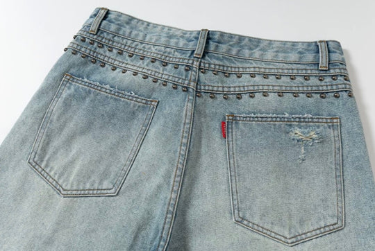 YADcrew Slogan Studded Washed Distressed Jeans | Face 3 Face
