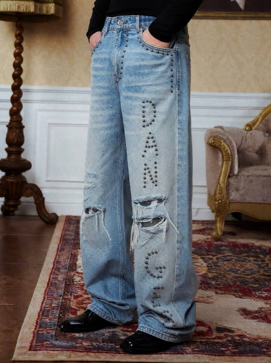 YADcrew Slogan Studded Washed Distressed Jeans | Face 3 Face