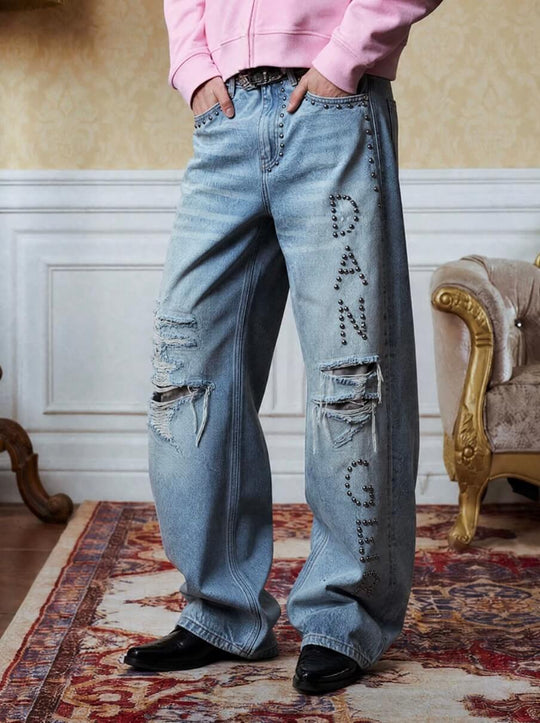 YADcrew Slogan Studded Washed Distressed Jeans | Face 3 Face
