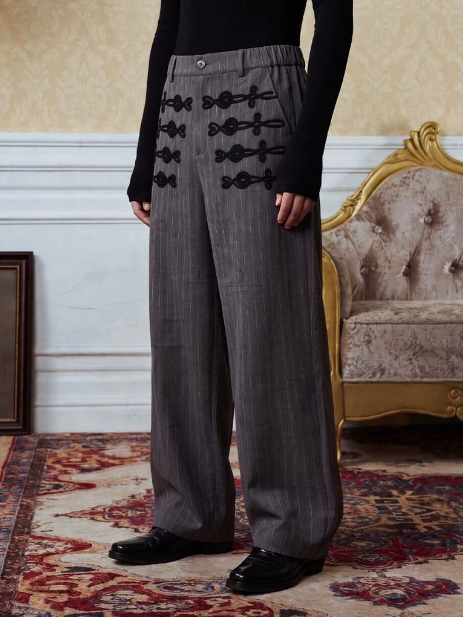 YADcrew Napoleon Braid Embroidered Pinstripe Herringbone Pants | Face 3 Face