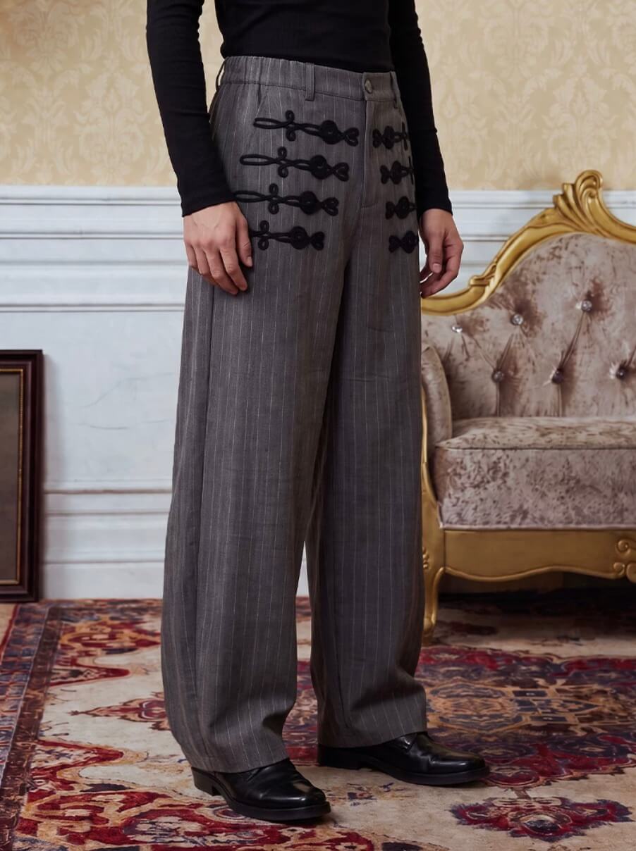 YADcrew Napoleon Braid Embroidered Pinstripe Herringbone Pants | Face 3 Face