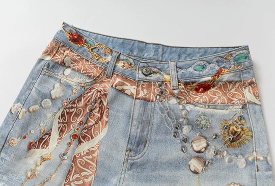 YADcrew Bandana Jewelry Digital Print Flared Jeans | Face 3 Face