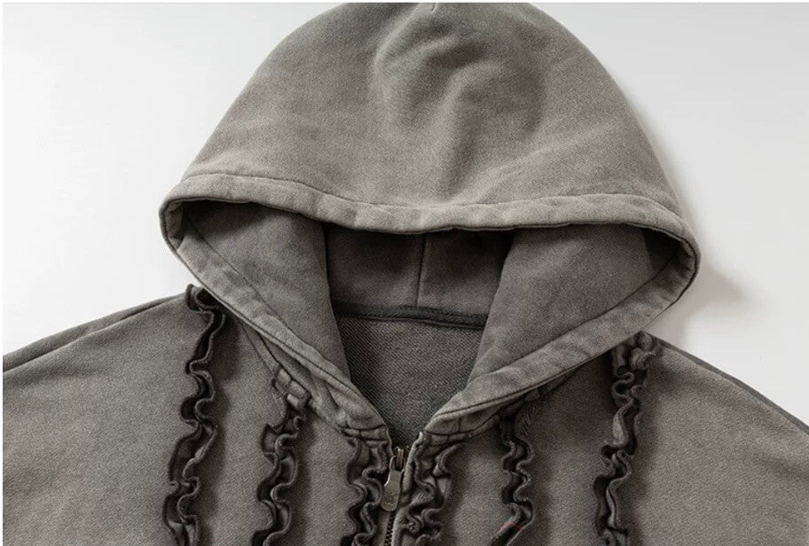 YADcrew Ruffle Washed Zip Up Hoodie