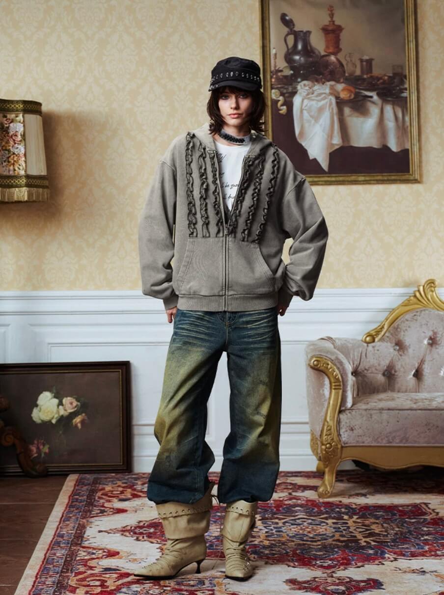 YADcrew Ruffle Washed Zip Up Hoodie