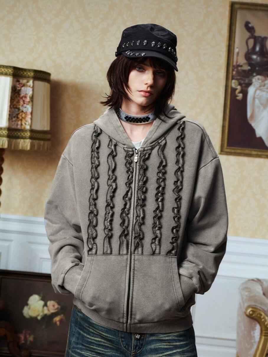 YADcrew Ruffle Washed Zip Up Hoodie