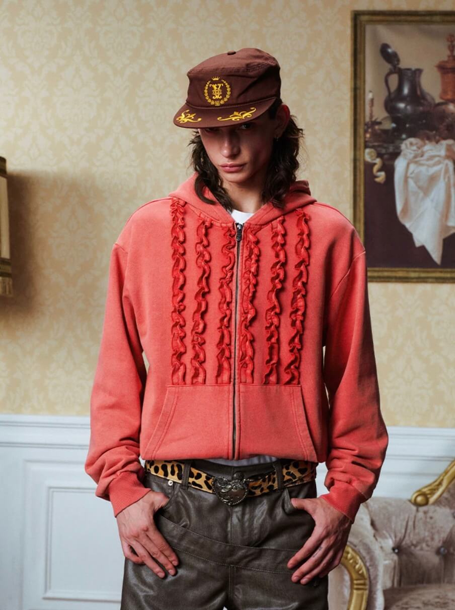 YADcrew Ruffle Washed Zip Up Hoodie