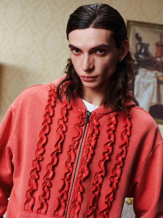 YADcrew Ruffle Washed Zip Up Hoodie