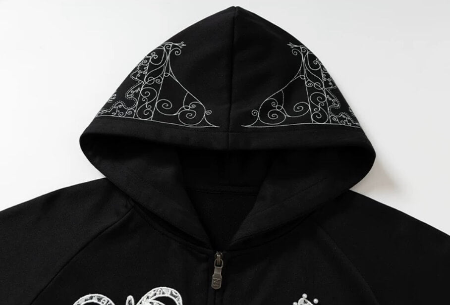 YADcrew Floral Lace Pearl Embellished Zip Up Hoodie | Face 3 Face