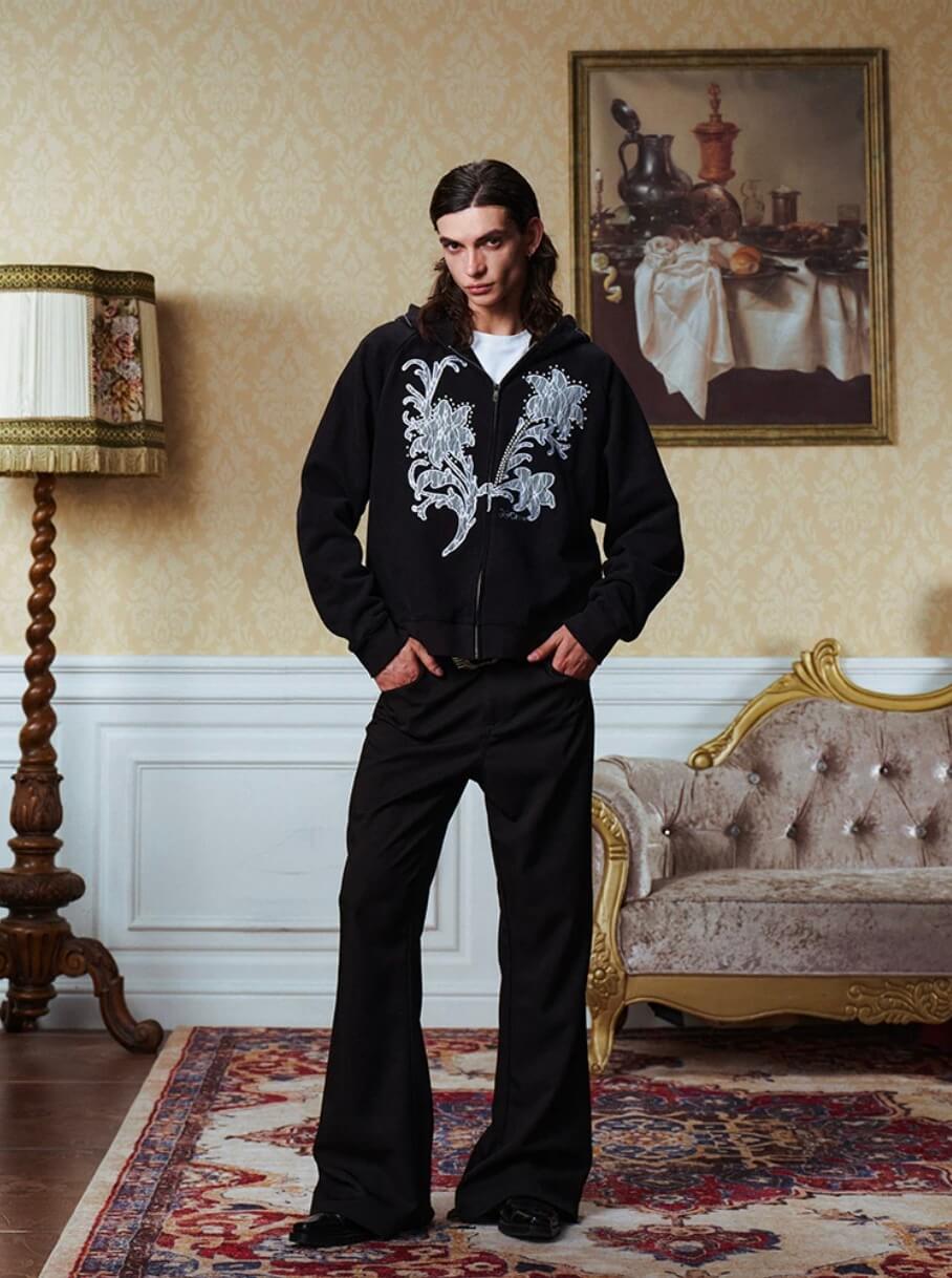 YADcrew Floral Lace Pearl Embellished Zip Up Hoodie | Face 3 Face