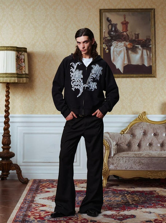 YADcrew Floral Lace Pearl Embellished Zip Up Hoodie | Face 3 Face
