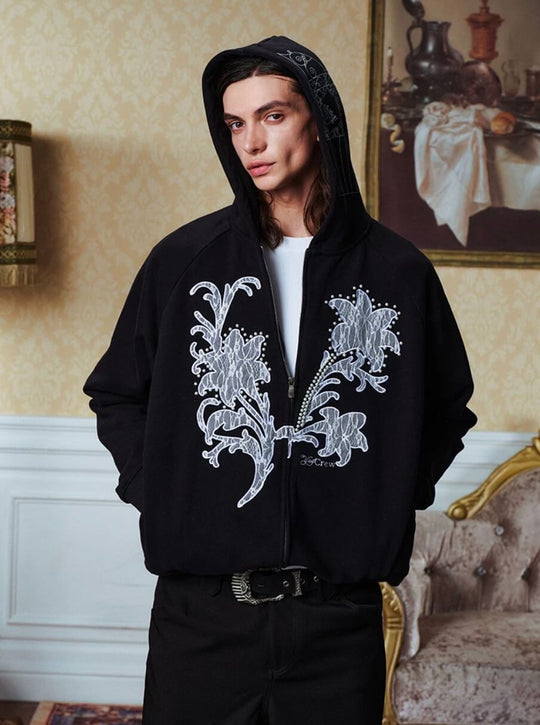 YADcrew Floral Lace Pearl Embellished Zip Up Hoodie | Face 3 Face