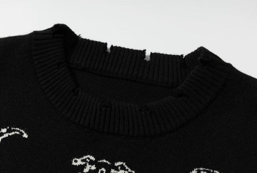YADcrew Winged Skeleton Print Distressed Knit Sweater | Face 3 Face