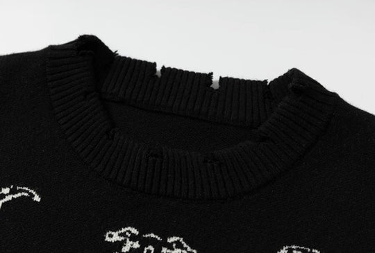 YADcrew Winged Skeleton Print Distressed Knit Sweater | Face 3 Face