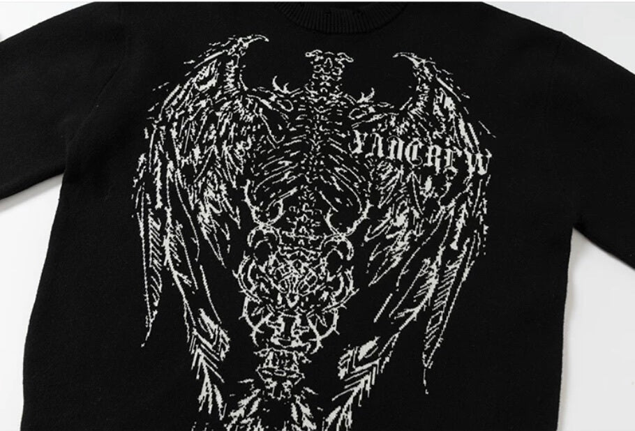 YADcrew Winged Skeleton Print Distressed Knit Sweater | Face 3 Face