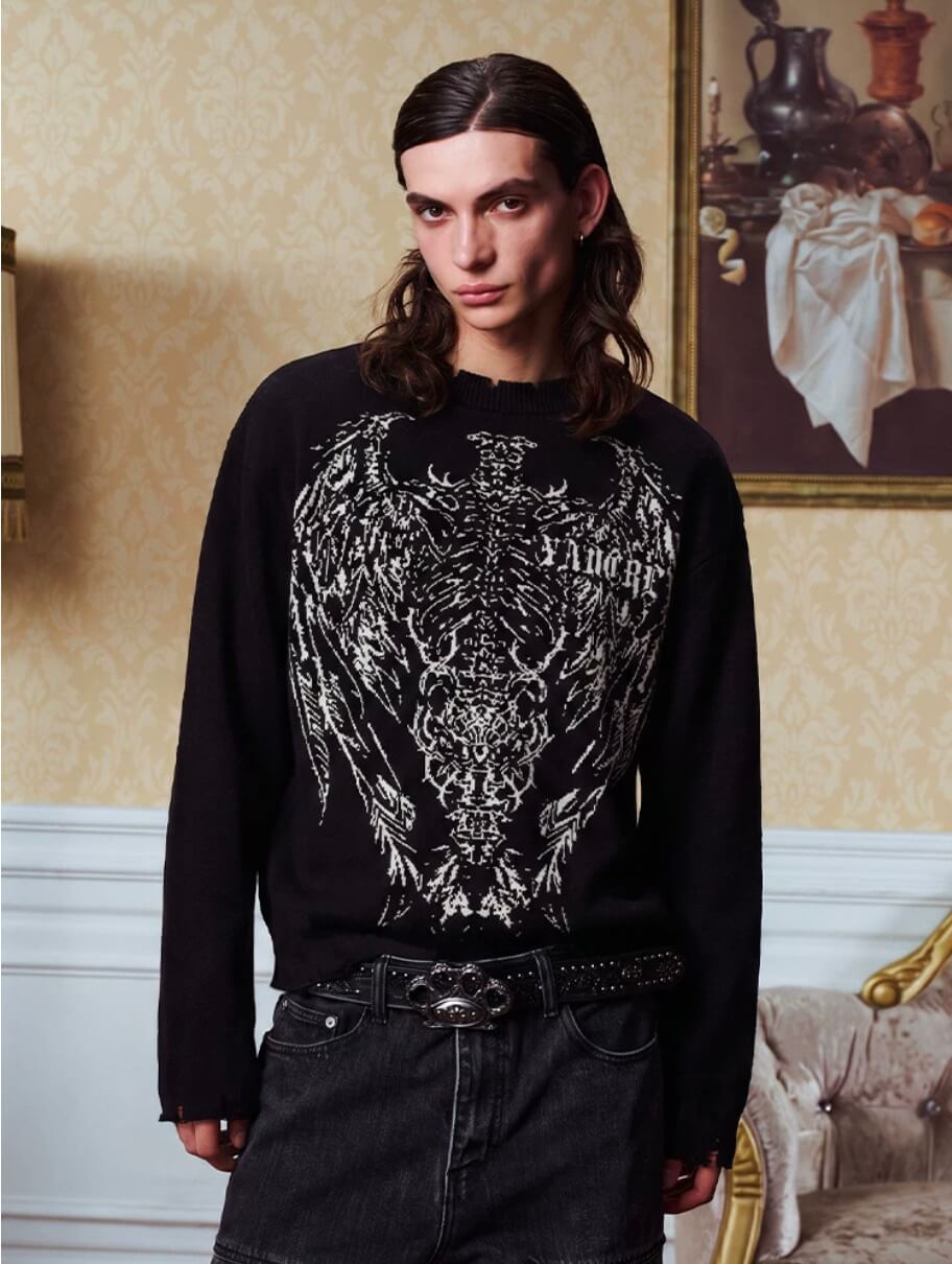 YADcrew Winged Skeleton Print Distressed Knit Sweater | Face 3 Face