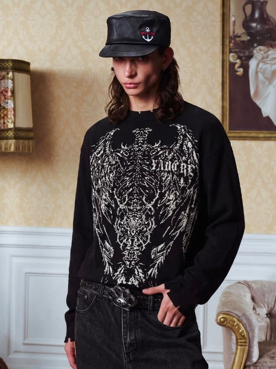 YADcrew Winged Skeleton Print Distressed Knit Sweater | Face 3 Face