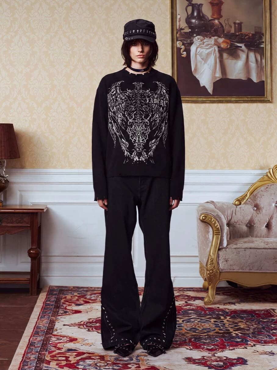YADcrew Winged Skeleton Print Distressed Knit Sweater | Face 3 Face