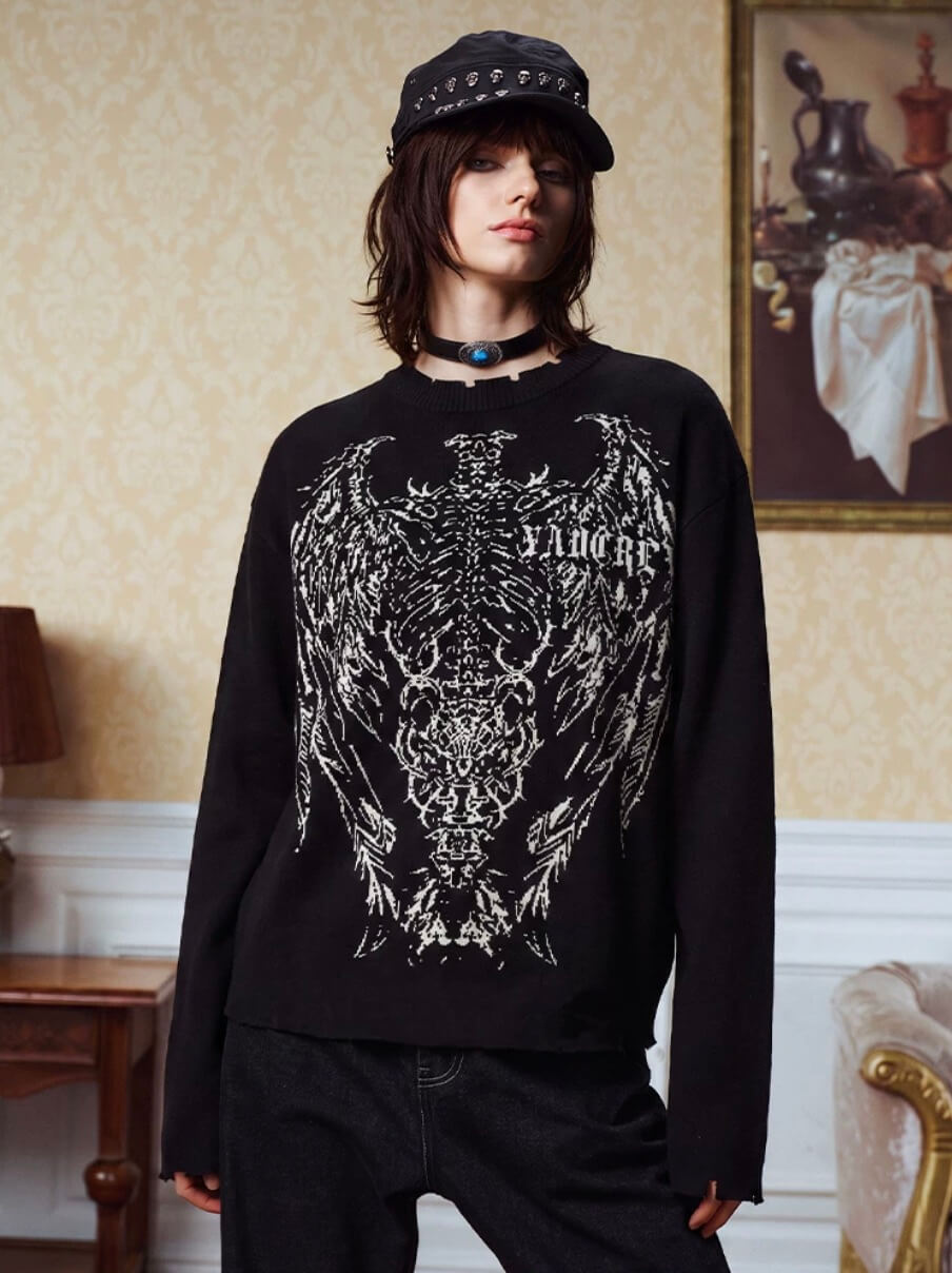 YADcrew Winged Skeleton Print Distressed Knit Sweater | Face 3 Face