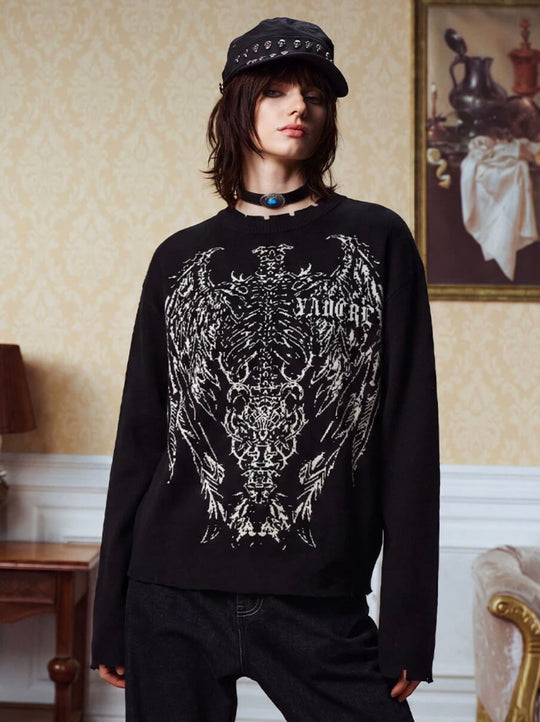 YADcrew Winged Skeleton Print Distressed Knit Sweater | Face 3 Face