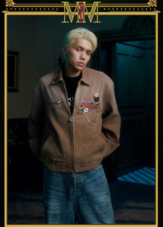 MEDM × HUNTER×HUNTER Logo Embroidered Washed Distressed Detroit Jacket