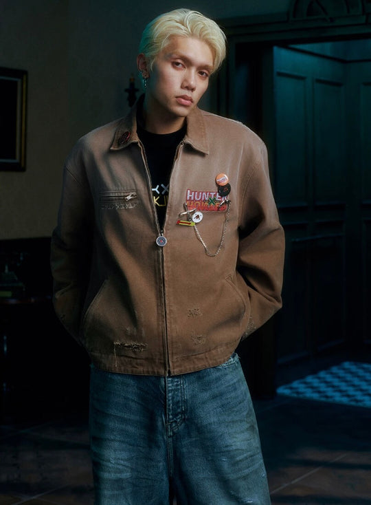 MEDM × HUNTER×HUNTER Logo Embroidered Washed Distressed Detroit Jacket