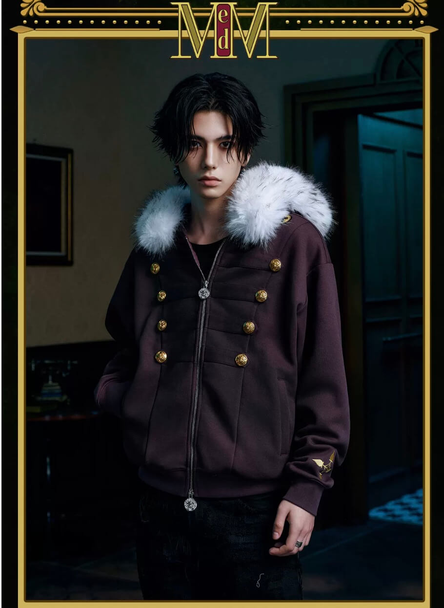 MEDM × HUNTER×HUNTER Kuroro Inverted Cross Patch Faux Fur Hood Zip Up Hoodie