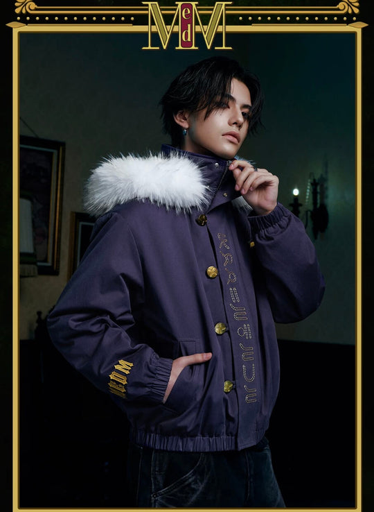 MEDM × HUNTER×HUNTER Kuroro Inverted Cross Patch Faux Fur Hood Quilted Jacket