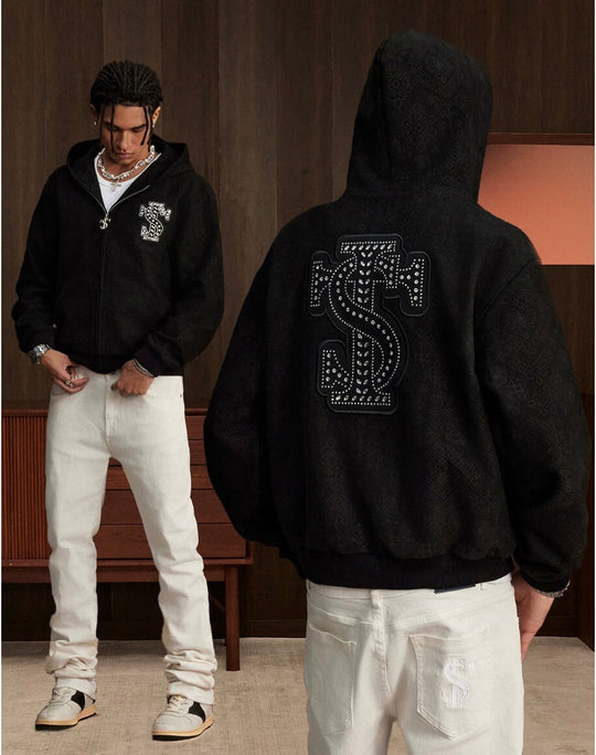 Small Town Kid Faux Suede Rhinestone Logo Patch Zip Up Hooded Jacket | Face 3 Face