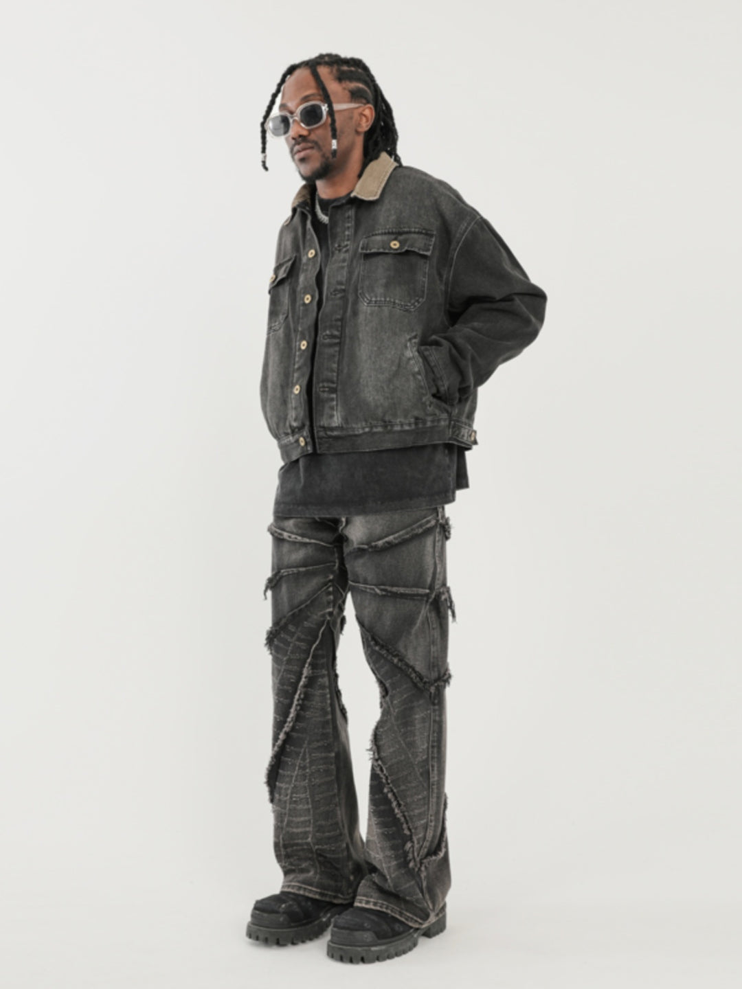 F3F Select Vintage Washed & Old Damaged Raw Edge Splicing Jeans