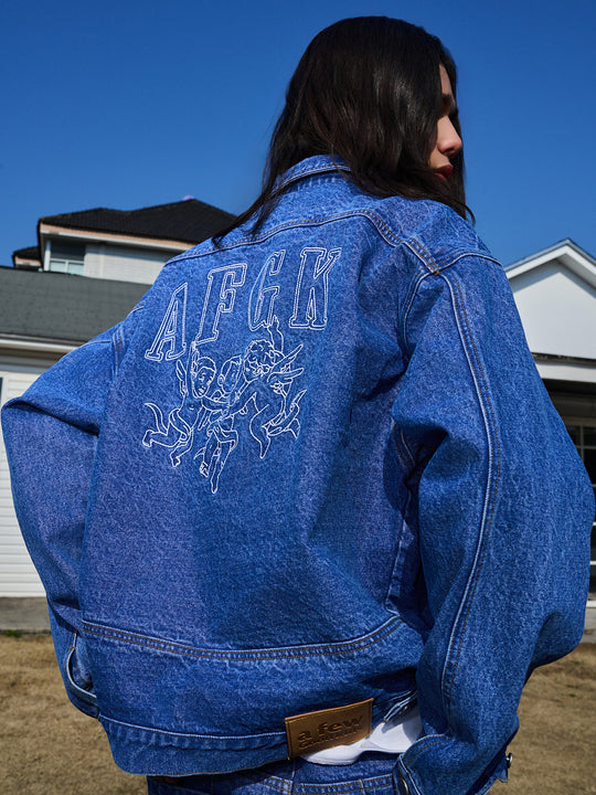 AFGK Three Angels Bright Line Embroidery Denim Jacket