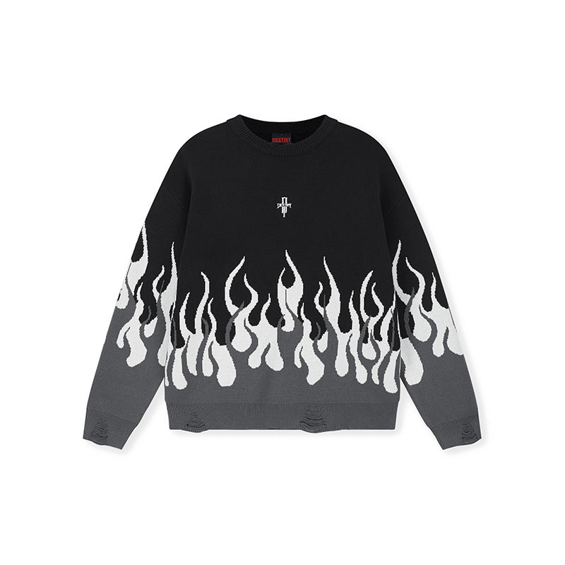 DICETINY Basic Logo Flame Destruction Knit Sweater | Face 3 Face