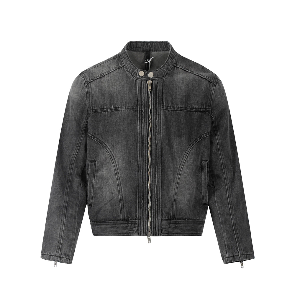F3F Select Double Rivet Button Washed Denim Motorcycle Jacket | Face 3 Face