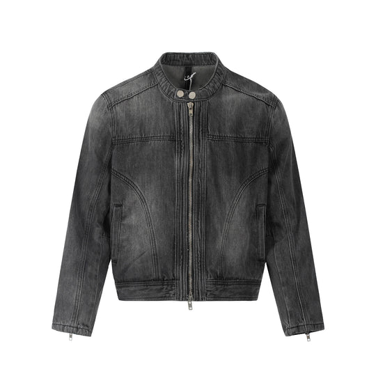 F3F Select Double Rivet Button Washed Denim Motorcycle Jacket | Face 3 Face