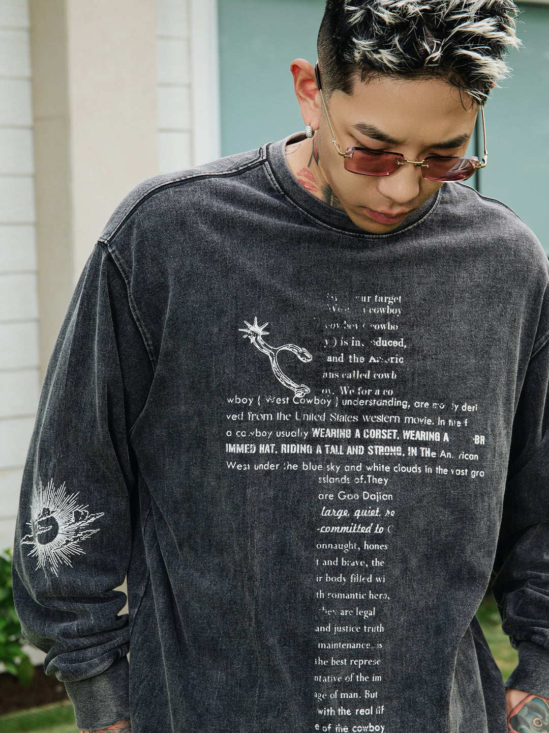 S45 Cross Pattern Printing Washed Long Sleeve Tee | Face 3 Face