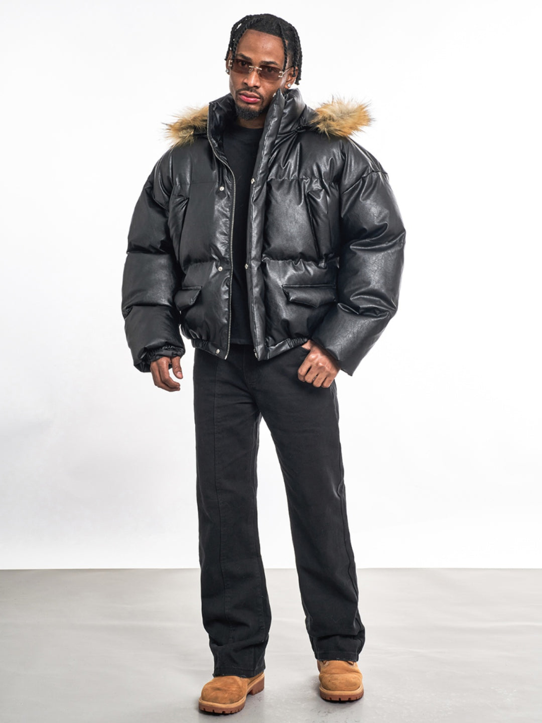 F3F Select Fur Hooded Removable PU Leather Puffer Jacket | Face 3 Face