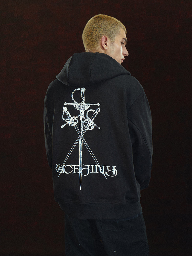 DICETINY Metal Logo & Studs Sword Printed Zip Up Hoodie | Face 3 Face