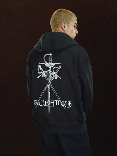 DICETINY Metal Logo & Studs Sword Printed Zip Up Hoodie | Face 3 Face