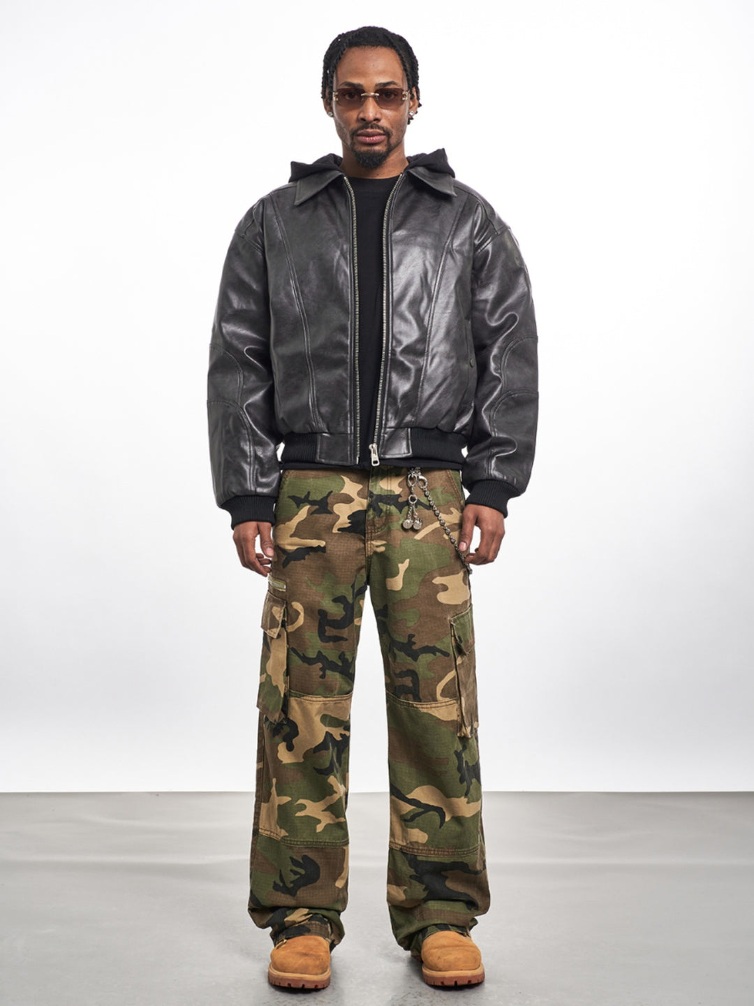 F3F Select PU Leather Hooded Fake Two Piece Jacket | Face 3 Face